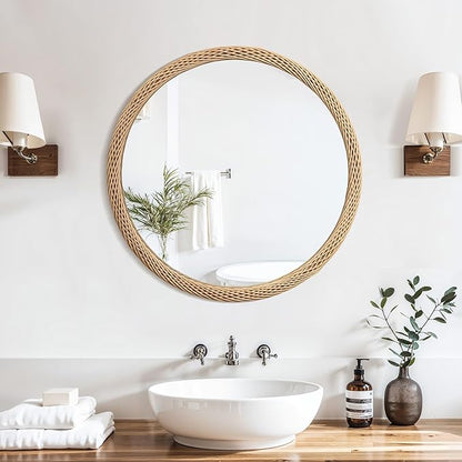 LuxenHome Rattan Bathroom Mirror, 30-Inch Large Bamboo Framed Round Wall Mirror, Rustic Farmhouse Handmade Accent for Bathroom, Bedroom, Entryway, Living Room, Nursery Home Decor Mirrors