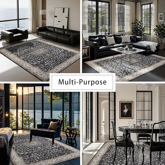 Washable Rugs 8x10 Area Rugs for Living Room,Rugs for Bedroom,Large Carpets,Ultra Soft Faux Wool Retro Dining Room Rug,Non Slip&Non-Shedding Low Pile Vintage Print Rug for Home Office-Black