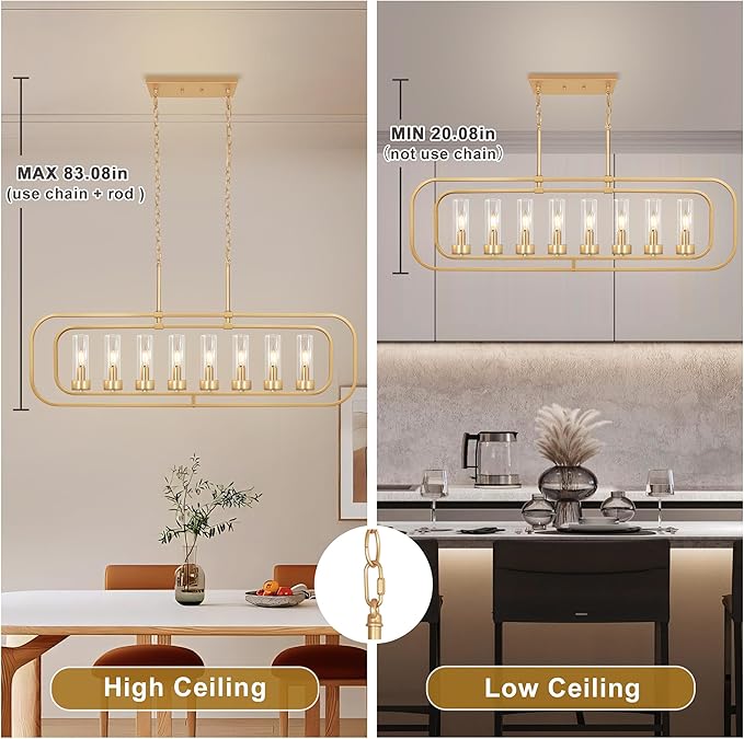 Gold Linear Dining Room Light Fixture, 8 Lights Modern Kitchen Isalnd Light, 45" Long Chandelier Farmhouse Chandeliers for Dining Room Industrial Pendant Lights with Clear Glass