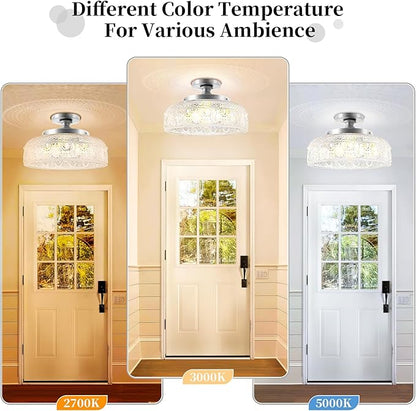 Lamomo Semi Flush Mount Ceiling Light,Upgraded Larger Silver Hallway Light Fixture,3-Bulb Globe Glass Close to Ceiling Scone, Indoor Hanging Light for Bedroom Kitchen Porch Hallway,Bulbs Not Included