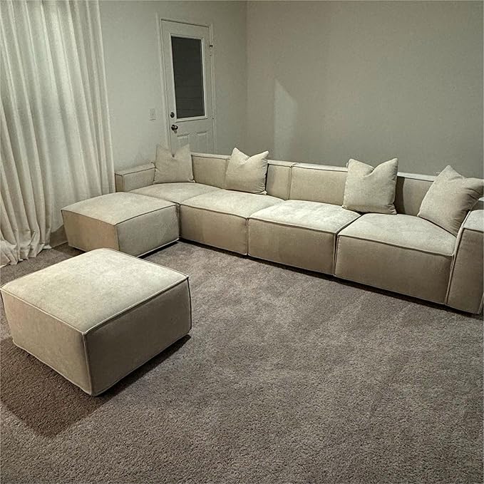 Acanva Luxury Modular Sectional Living Room Sofa Set, Modern Minimalist Style Couch with Ottoman and Chaise, U-Shape, Linen-Like Cream