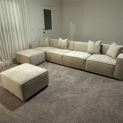 Acanva Luxury Modular Sectional Living Room Sofa Set, Modern Minimalist Style Couch with Ottoman and Chaise, U-Shape, Linen-Like Cream
