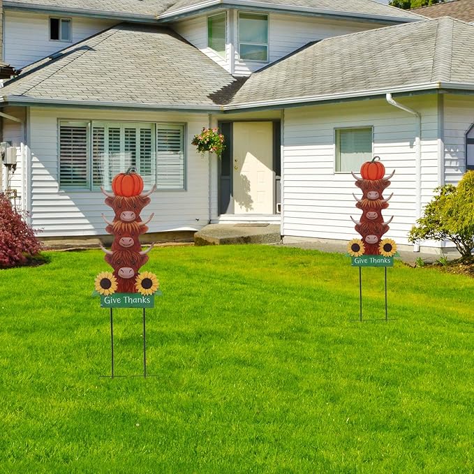 Thanksgiving Outdoor Decorations 39.3" with GIve Thanks Sign and Sunflowers, Large Highland Cow Fall Garden Stakes for Yard Lawn, and Autumn Harvest Decorations