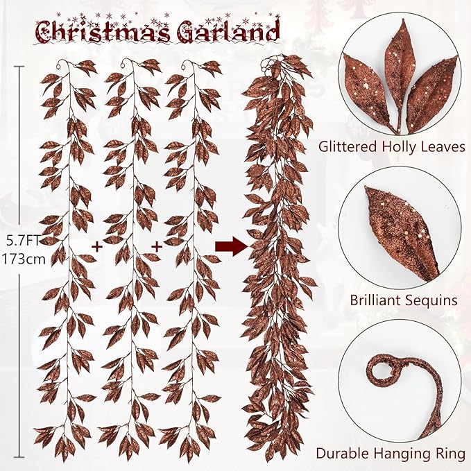 Hollyone 3 Pcs 6FT Christmas Garland Brown Glittered Artificial Magnolia Leaves for Mantle Christmas Tree Decorations Indoor Outdoor Bronze Hanging Garland Ornaments Garden Door Wall Window Home Decor