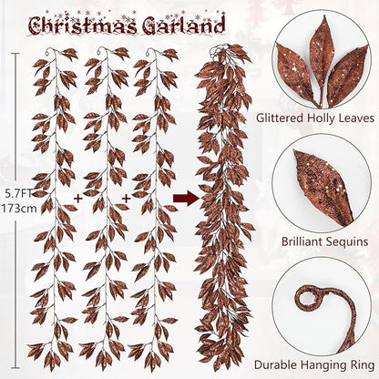 Hollyone 3 Pcs 6FT Christmas Garland Brown Glittered Artificial Magnolia Leaves for Mantle Christmas Tree Decorations Indoor Outdoor Bronze Hanging Garland Ornaments Garden Door Wall Window Home Decor