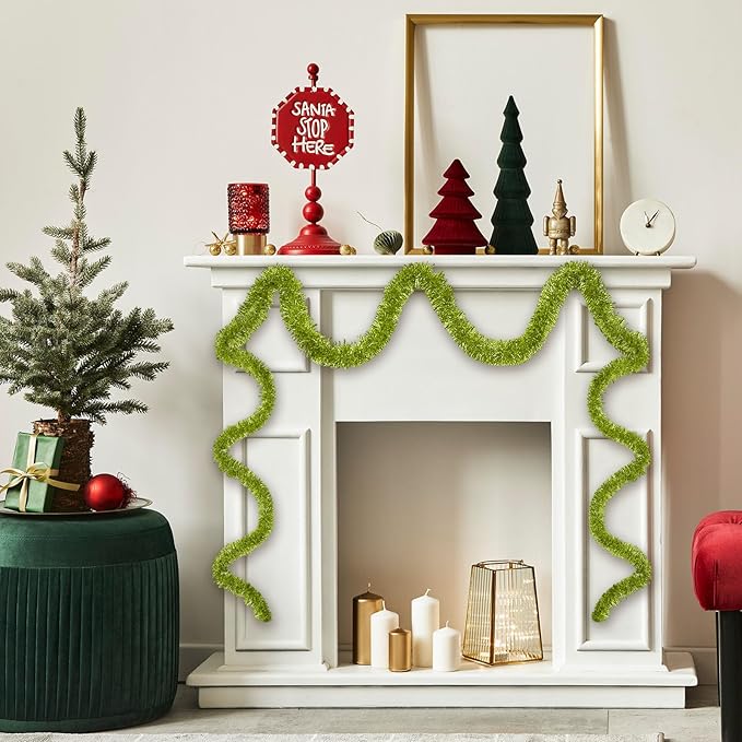 50 Feet Light Green Christmas Tinsel Garland, Metallic Foil Twist Garland Wall Hanging Tinsel Banner Backdrop for Parade Floats, Easter, Mother's Day, Wedding Party Decorations (2in x 50ft)