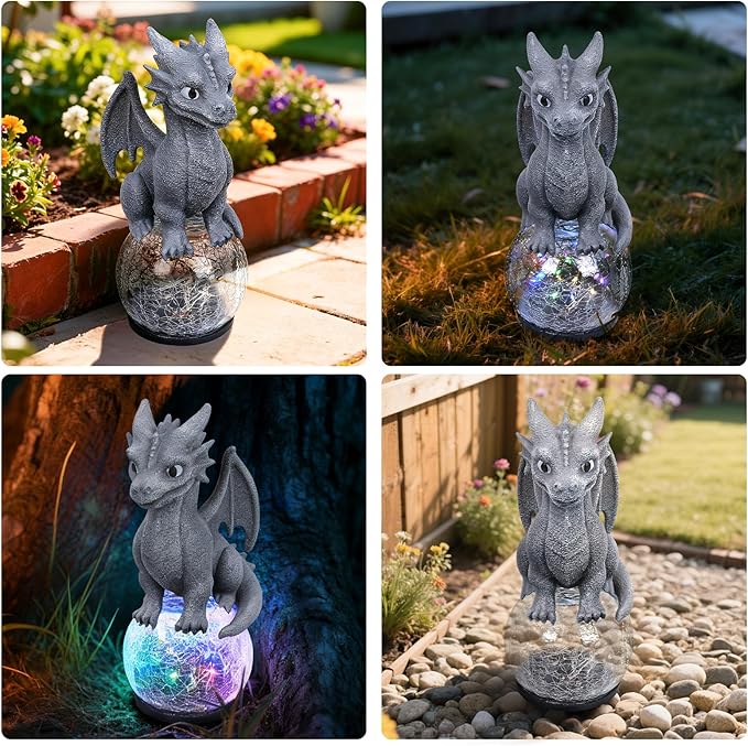 Baby Dragon Solar Garden Statue with Crackle Glass Globe Light - Whimsical Outdoor Fantasy Decor - Colorful LED Yard Ornament - Birthday for Dragon Lovers Kids Mom Grandma
