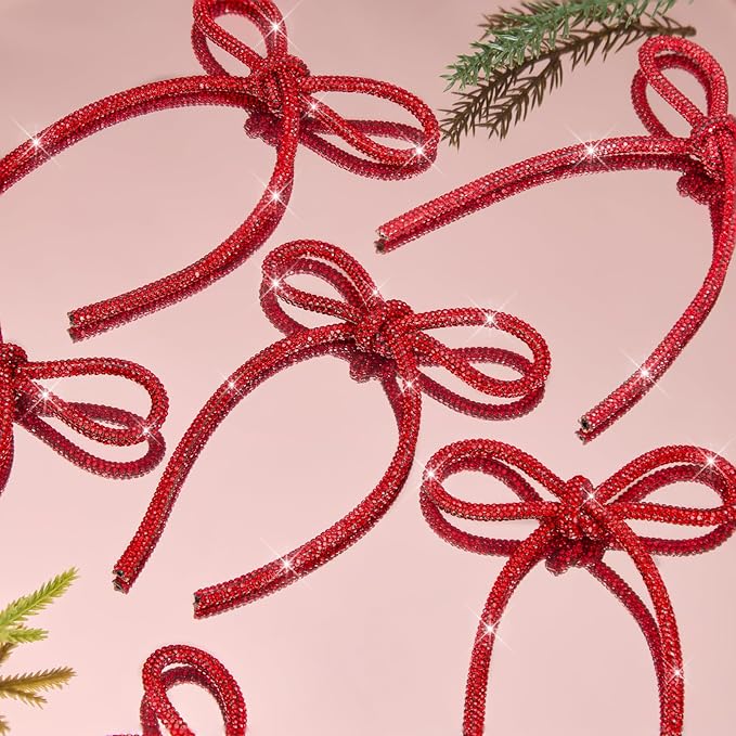 FLAIR GIFTS 6 Pcs 4.3" x 6" 2025 Christmas Red Bows for Tree Decor, Sparkly Glitter Rhinestone Bow Ornaments with Twist Tie for Xmas Decoration, Wreath, Garland, Gift Wrapping