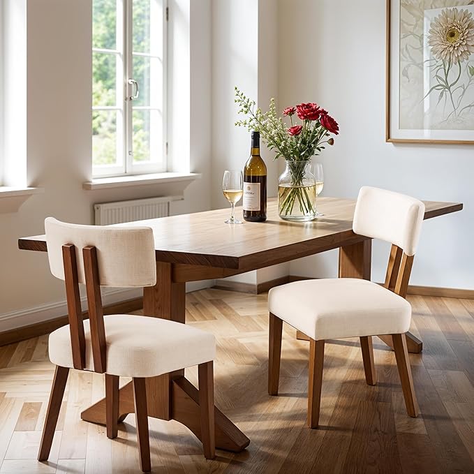 MOJAY Dining Chairs Set of 4, Mid Century Modern Kitchen Chair Linen Fabric Side Chairs with Curved Backrest for Kitchen, Dining Room, Restaurant, or Patio, Off-White