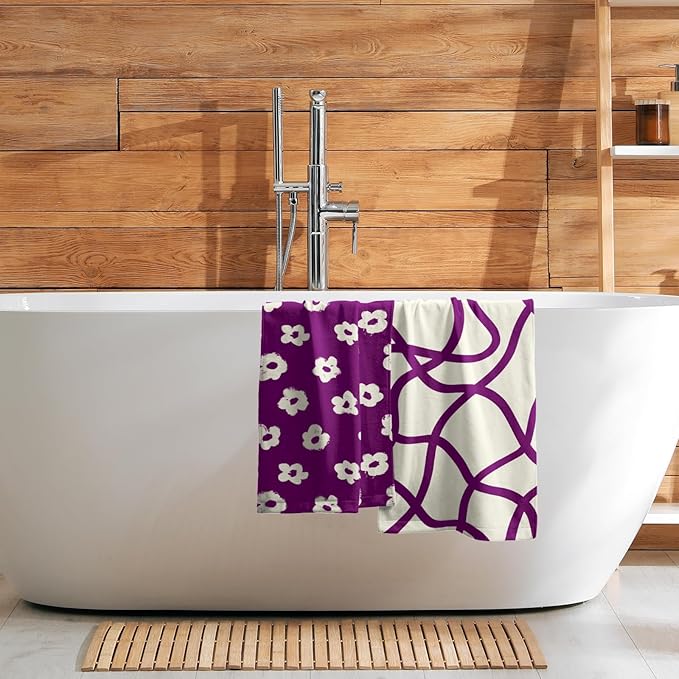Modern Style Kitchen Towels Set of 2 Purple Floral Quick Dry Microfiber Dish Towels
