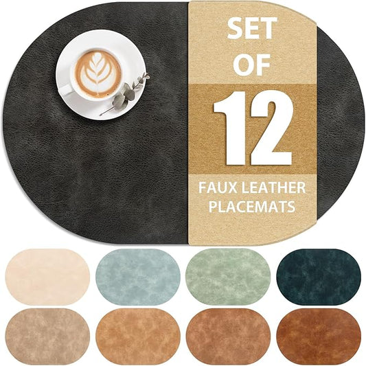 ADRIMER Placemats, Heat Resistant Oval Placemats Set of 12 Washable 12 x 17 Inch, Waterproof Table Mats, Wipeable Pu Place Mats for Kitchen, Dark Grey