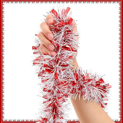 50 Feet Christmas Tinsel Garland Metallic Twist Garland Xmas Tree Decorations Wedding Birthday New Year Hanging Ornaments Party Supplies 3 Inch(Red, Silver, White)
