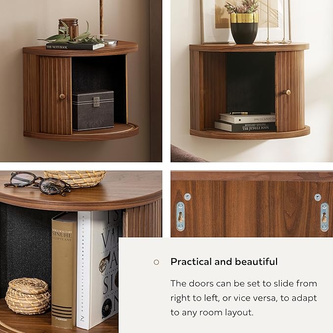 WERMO 16'' Floating Nightstand with Storage and Sliding Door End Table - Floating Side Table for Living Room, Bedroom and Office. Mid Century Modern Nightstand Wood, Bedside Shelf Wall Mount (Walnut)