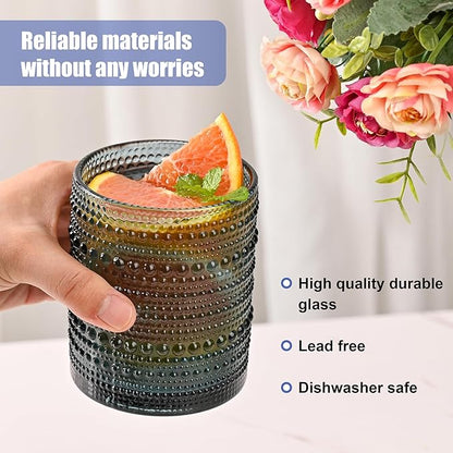 Vintage Hobnail Drinking Glasses Set of 8,Colored 12 oz & 15oz Highball Glass Cups, Kitchen Drinkware Glassware