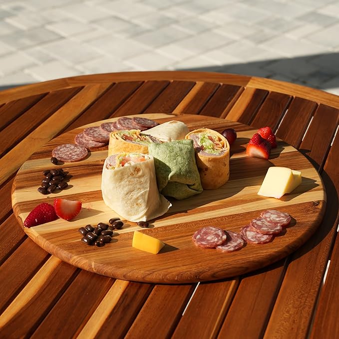 EcoDecors 16" Round Teak Cutting Board, FSC Certified Solid Wood, Edge Grain, XL Carving Board for Kitchen & Brisket