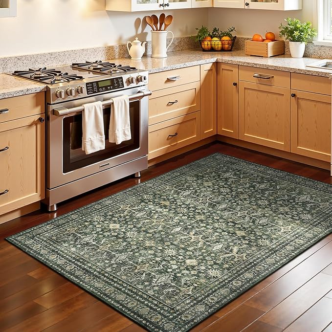 Lofus 4x6 Area Rug for Entryway, Green Non Slip Area Rugs for Kitchen, Washablee Soft Rugs for Bedroom, Living Room, Tool Room Nursery Kids Room Decor