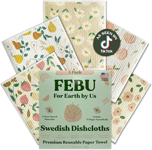FEBU Swedish Dishcloths for Kitchen 5 Pack Faded Summer Reusable Washable Absorbent Dish Towels