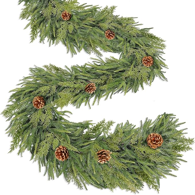Extra Thick&Lush-6 Ft by 10 Inch Real Touch Norfolk Pine Garland,Christmas Garland Artificial Realistic Soft Thickness Greenery Pine Cypress Pinecones Garlands for Mantle Fireplace Home Indoor Outdoor