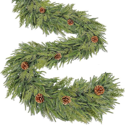 Extra Thick&Lush-6 Ft by 10 Inch Real Touch Norfolk Pine Garland,Christmas Garland Artificial Realistic Soft Thickness Greenery Pine Cypress Pinecones Garlands for Mantle Fireplace Home Indoor Outdoor