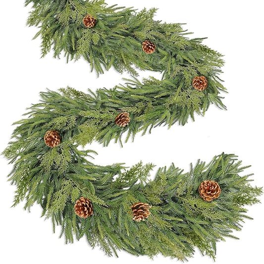 Extra Thick&Lush-6 Ft by 10 Inch Real Touch Norfolk Pine Garland,Christmas Garland Artificial Realistic Soft Thickness Greenery Pine Cypress Pinecones Garlands for Mantle Fireplace Home Indoor Outdoor