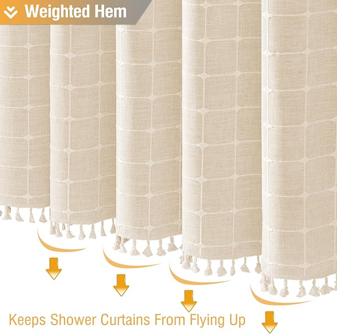 BTTN Extra Long Shower Curtain - 72x96 Inch Long Boho Chic Linen Fabric Heavy Duty Shower Curtain Set with Plastic Hooks, Tall Farmhouse Aesthetic Cute Tassel Shower Curtains for Bathroom, Cream/Beige