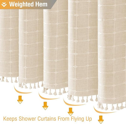 BTTN Extra Long Shower Curtain - 72x96 Inch Long Boho Chic Linen Fabric Heavy Duty Shower Curtain Set with Plastic Hooks, Tall Farmhouse Aesthetic Cute Tassel Shower Curtains for Bathroom, Cream/Beige
