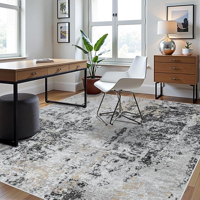 8x10 Area Rugs for Living Room Rug Washable: Abstract Large Rug for Dining Room Bedroom Carpet Non Slip 8 by 10 Indoor Modern Nursery Home Office Black Grey Gold