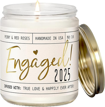 Engagement Gift, Engagement Gifts for Couples -'Engaged 2025' Candle, w/Peony & Rose Wedding Bouquet I Fiance Gifts for Women I Engaged Gift for Her I 50Hr Burn, USA Made