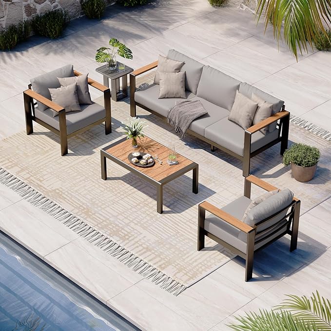 Aluminum Outdoor Patio Furniture Set with Table, 4 Piece Patio Conversation Sets with Washable Thick Cushions, Outdoor Chair Patio Sectional Furniture Set for Porch, Balcony, Deck, Gray