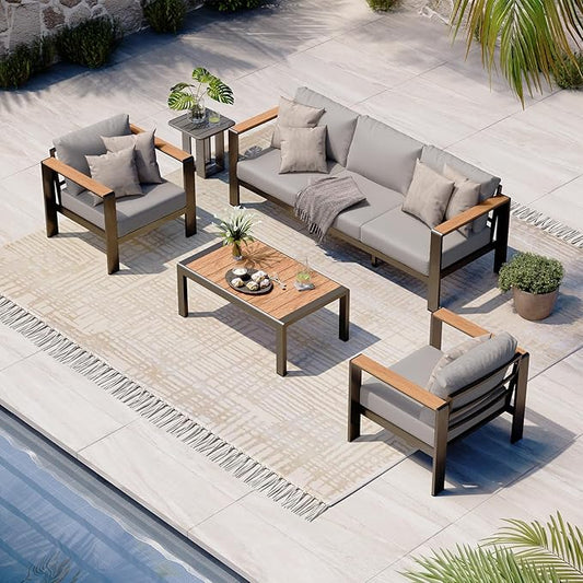 Aluminum Outdoor Patio Furniture Set with Table, 4 Piece Patio Conversation Sets with Washable Thick Cushions, Outdoor Chair Patio Sectional Furniture Set for Porch, Balcony, Deck, Gray