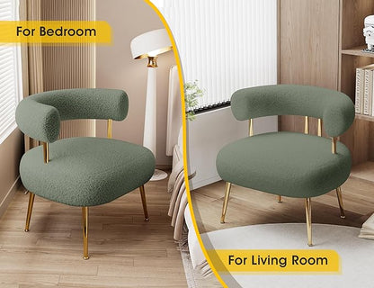 Mid Century Sherpa Boucle Accent Chair, Round Upholstered Barrel Arm Chair for Small Spaces, Fluffy Side Corner Chair for Living Room, Bedroom, Vanity, Office, Reading Nook(Green)