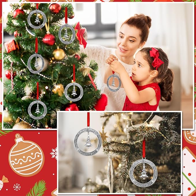 Jinei 6 Pcs Christmas Wreath Ornament Bulk 2025 Solid Pewter Christmas Ornament with Rotatable Tree Metal for Xmas Decorative Holiday Keepsake Gift (Xmas Tree)