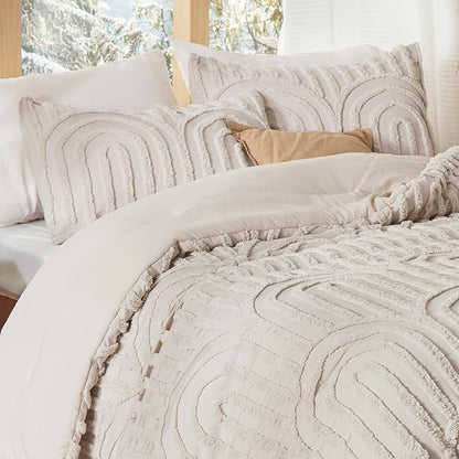 Bedsure Boho Tufted Twin Comforter Set - Beige Boho Bedding Comforter Sets, 2 Pieces Farmhouse Shabby Chic Embroidery Bed Set, Soft Fluffy Cozy Arch Pattern Comforter for All Seasons