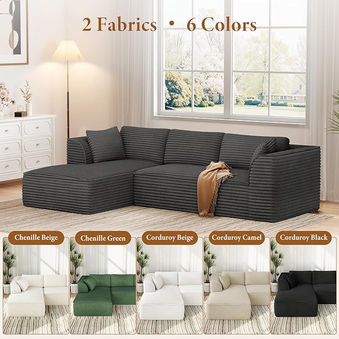 Vesgantti 106" Boneless Couch with Chaise, Deep Seat Comfy Cloud Modular Sofa Corduroy Sectional Couches for Living Room Bedroom, No Assembly Required (Grey, Left-Facing Chaise)