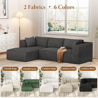 Vesgantti 106" Boneless Couch with Chaise, Deep Seat Comfy Cloud Modular Sofa Corduroy Sectional Couches for Living Room Bedroom, No Assembly Required (Grey, Left-Facing Chaise)