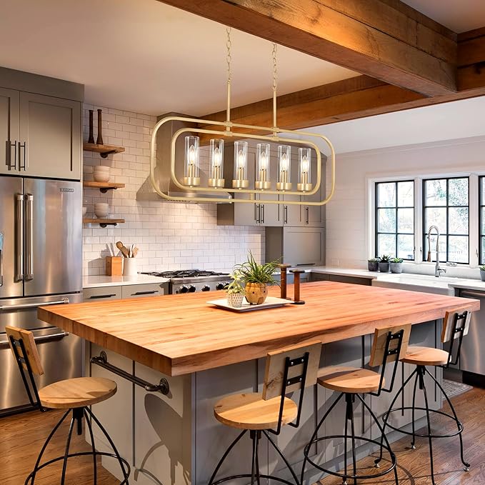 Dining Room Light Fixture, 36" Gold Island Lights for Kitchen Modern Linear Chandelier 6 Lights Farmhouse Chandelier Large Pendant Light, Industrial Chandeliers for Dining Room, Clear Glass