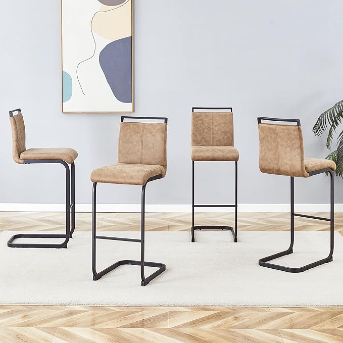 Bar Stools Set of 4, 30" H Counter Height Bar Stools with Footrest, Brown Faux Leather and Black Painted Metal Leg, Ideal for Kitchen Island and Pub Counter Dining Chair