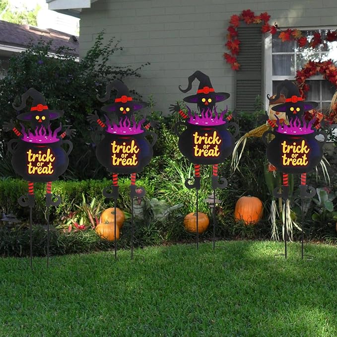 Witch Halloween Decorations Cauldron 39.7 inch with Trick or Treat Sign, Large Halloween Yard Stakes Metal for Garden, Lawn, and Outdoor Spooky Yard Decorations