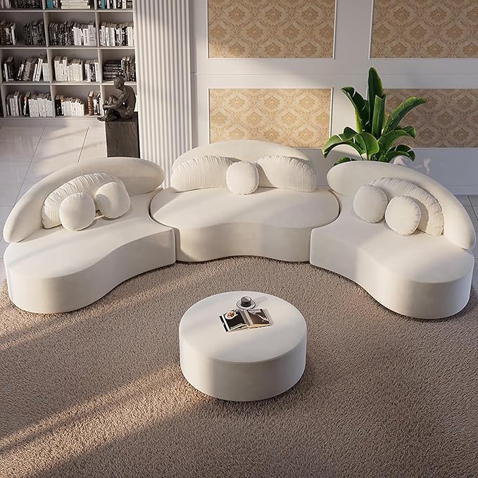 homary 7-Seat Curved Modular Sectional Sofa – Velvet Upholstered, Beige Couch with Ottoman, Modern Living Room Furniture for Family & Entertaining