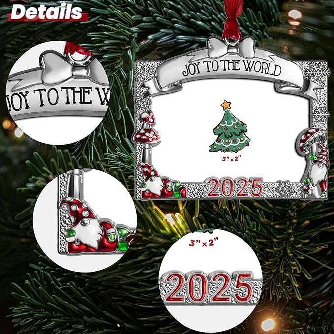 2025 Christmas Ornaments 3x2 inch Picture Frame Metal Hanging Pendant for Tree Small Decorative Keepsake, Display Photo for Baby and Pet (Gnome (2025))