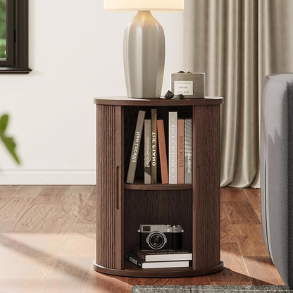 LINSY Round Fluted Nightstand, Mid Century Modern Tall Side Table with Storage, End Table with Sliding Tambour Doors, Adjustable Shelf, Small Wood Bedside Table for Bedroom, Living Room, Walnut
