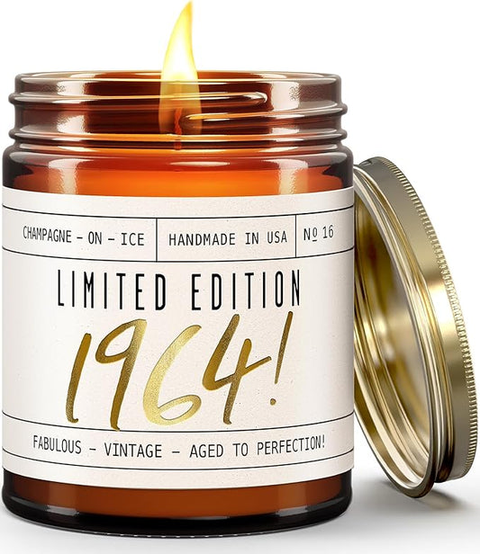 61st Birthday Gifts for Women - 'Limited Edition 1964' Soy Candle, w/Champagne on Ice I 61 Birthday Gifts for Women I 61st Gift for Her Ideas I 9oz Reusable Jar, 50Hr Burn, Made in USA