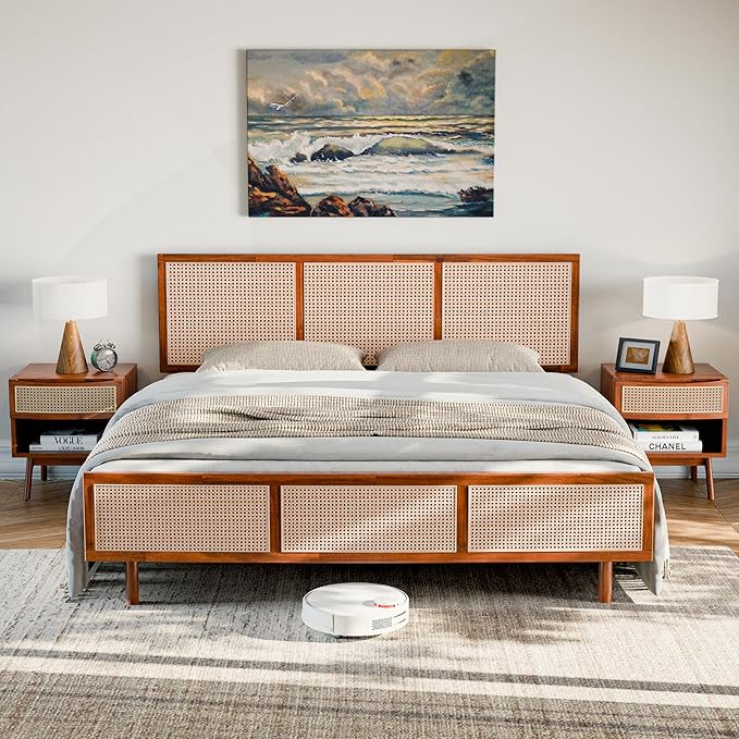 Bme Nancy King Size Bed Frame and Headboard, Unique Geometric Headboard, US Patent Pending Design, Mid Century Modern Style, Acacia Wood, 12 Slats, No Box Spring Needed, Easy Assembly, Dark Chocolate