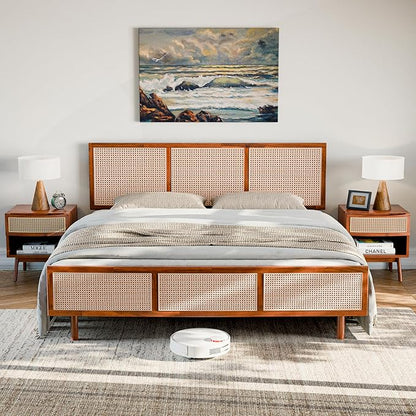 Bme Nancy King Size Bed Frame and Headboard, Unique Geometric Headboard, US Patent Pending Design, Mid Century Modern Style, Acacia Wood, 12 Slats, No Box Spring Needed, Easy Assembly, Dark Chocolate