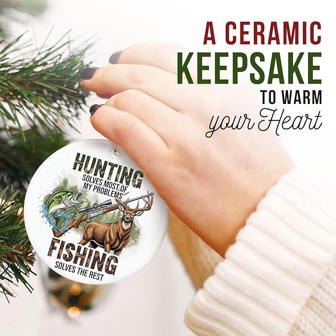 ZAGKOO Hunting Fishing Ornaments for Christmas Tree - Christmas Hunting Gifts for Deer Hunters, Fishing Themed Gifts - Wildlife Xmas Ornaments, Ceramic Xmas Tree Ornament Holiday Decor