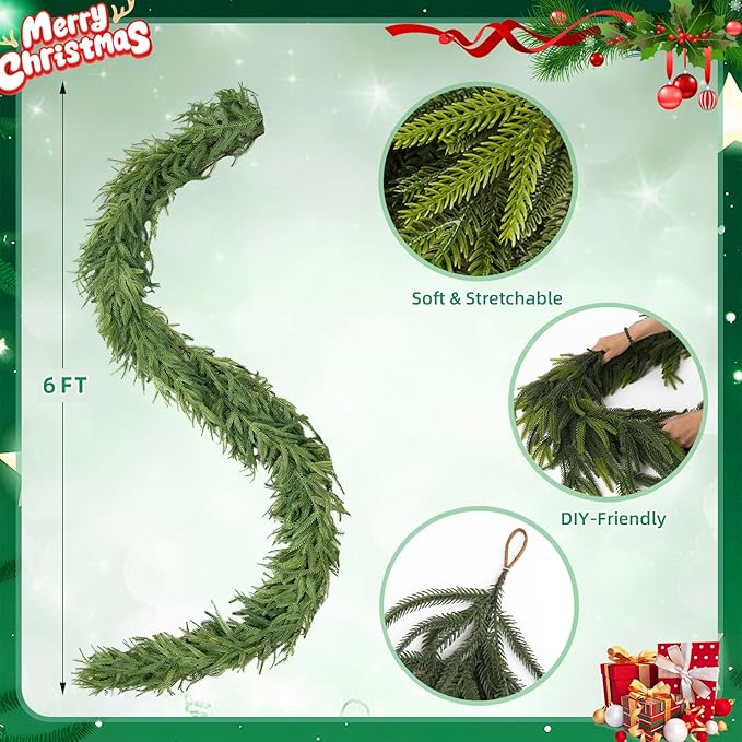 2Pcs Norfolk Pine Garlands, Real Touch Natural Winter Pine Christmas Garland, 6FT Artificial Greenery Garland for Mantle, Wall, Indoor, Outdoor Christmas Decorations Porch Decor