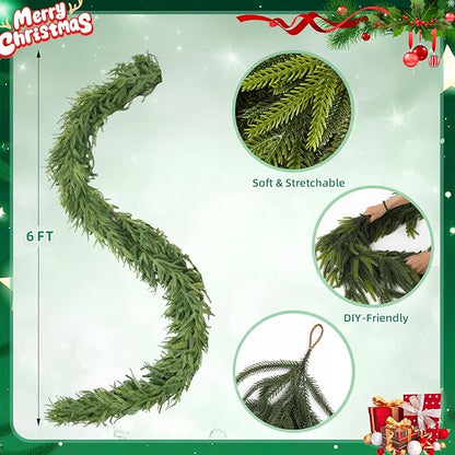 2Pcs Norfolk Pine Garlands, Real Touch Natural Winter Pine Christmas Garland, 6FT Artificial Greenery Garland for Mantle, Wall, Indoor, Outdoor Christmas Decorations Porch Decor