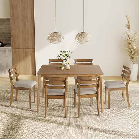 Modern Dining Table Set for 4, Wooden Farmhouse Dining Roon Table and Solid Wood Chairs, 7-Piece Dining Set for Home, Kitchen, Dining Room, 6 Upholstered Chairs, Solid Wood Legs