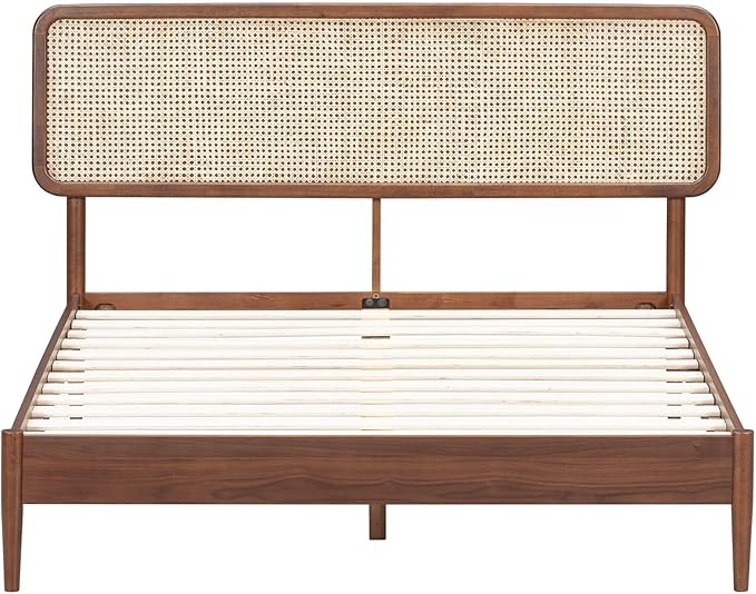 NTC Lupin Wooden Bed Frame with Headboard and Natural Rattan, Solid Oak/Rubber Wood Foundation with Silent Slats, 1000 Lb Capacity, Effortless Assembly (Natural Cane - Dark Walnut, Queen)
