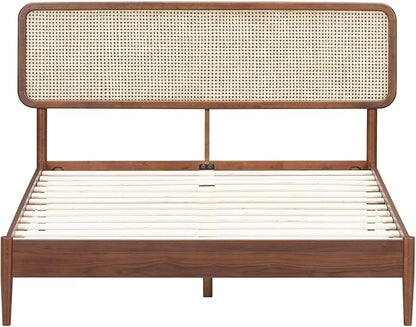 NTC Lupin Wooden Bed Frame with Headboard and Natural Rattan, Solid Oak/Rubber Wood Foundation with Silent Slats, 1000 Lb Capacity, Effortless Assembly (Natural Cane - Dark Walnut, Queen)